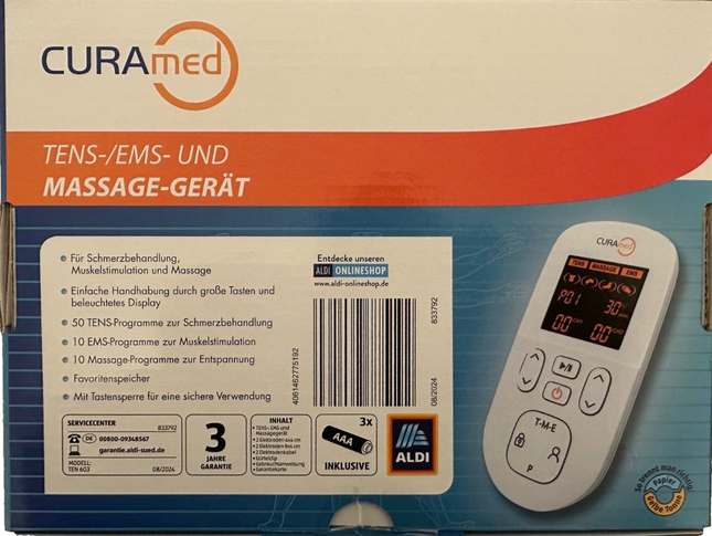 جهاز تدليك CuraMed TENS-EMS مزود بـ 60 برنامجًا بما في ذلك مشبك الحزام، جديد وفي عبوته الأصلية