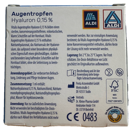 Vitalis acu pilieni, 0,15% hialuronskābe, bez konservantiem, 1 x 15 pilieni, jauni un aizzīmogoti