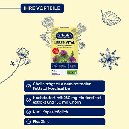 Zirkulin Liver Vital, 30 kapsulas ar holīnu, piena dadža augļu ekstraktu un cinku, oriģinālajā iepakojumā