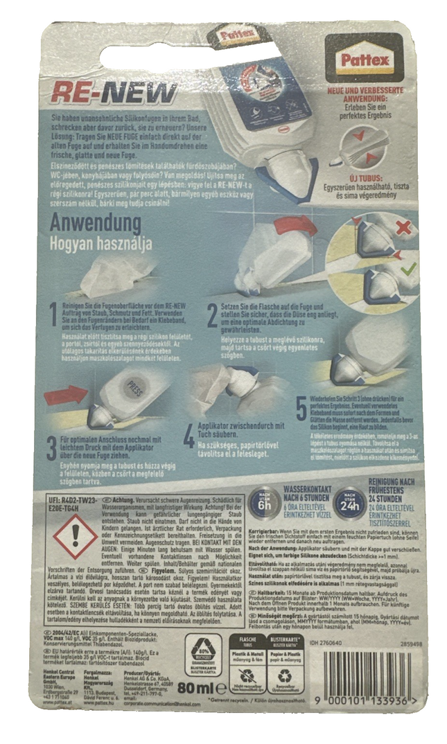 Pattex RE-NEW jauna šuve, balts silikons, tieši uz vecās šuves, 80 ml, jauna un noslēgta