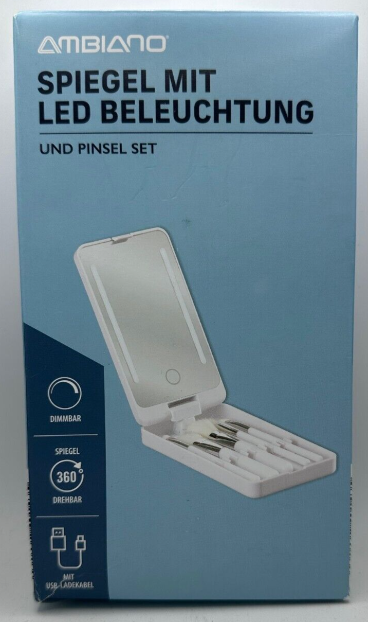 AMBIANO Faltbarer Kosmetikspiegel Pinsel Set mit LED Beleuchtung, aufladbar, Neu