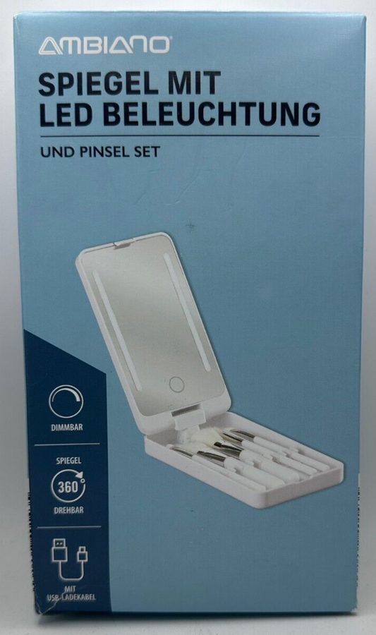 AMBIANO Faltbarer Kosmetikspiegel Pinsel Set mit LED Beleuchtung, aufladbar, Neu