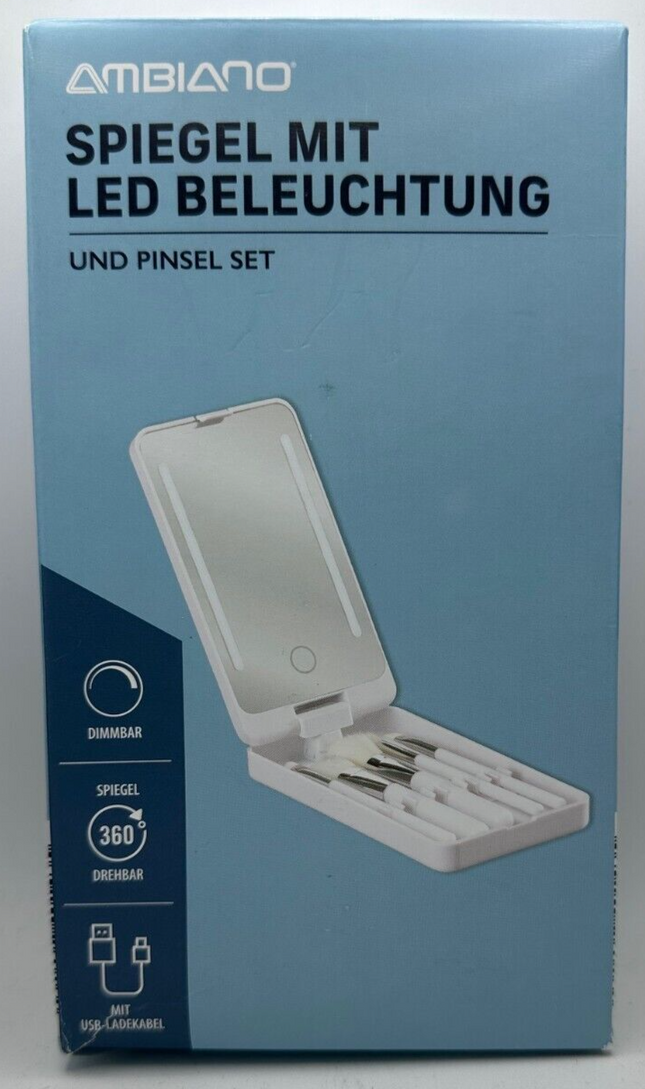 AMBIANO Faltbarer Kosmetikspiegel Pinsel Set mit LED Beleuchtung, aufladbar, Neu