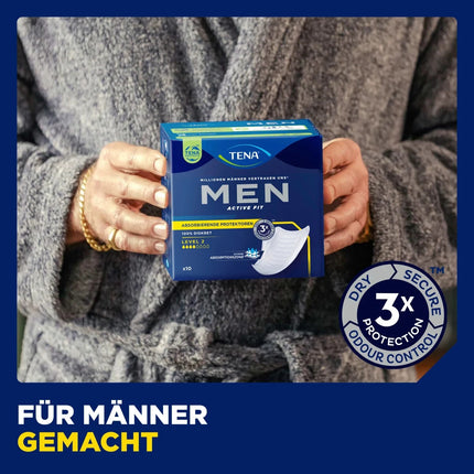 TENA MEN Active Fit 2. līmeņa absorbējošie ieliktņi urīna nesaturēšanai, 1 x 10 ieliktņi, jauni un aizzīmogoti