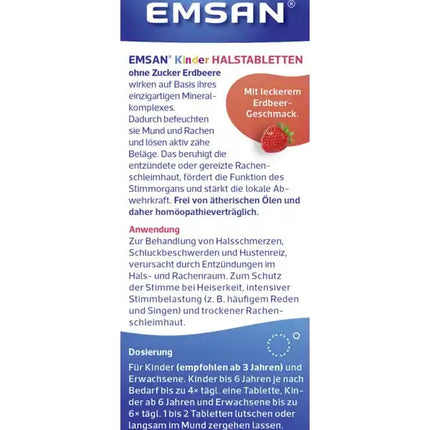 Emsan bērnu kakla pastilas, bez cukura, zemeņu, 1 x 30 tabletes, jaunas un aizzīmogotas