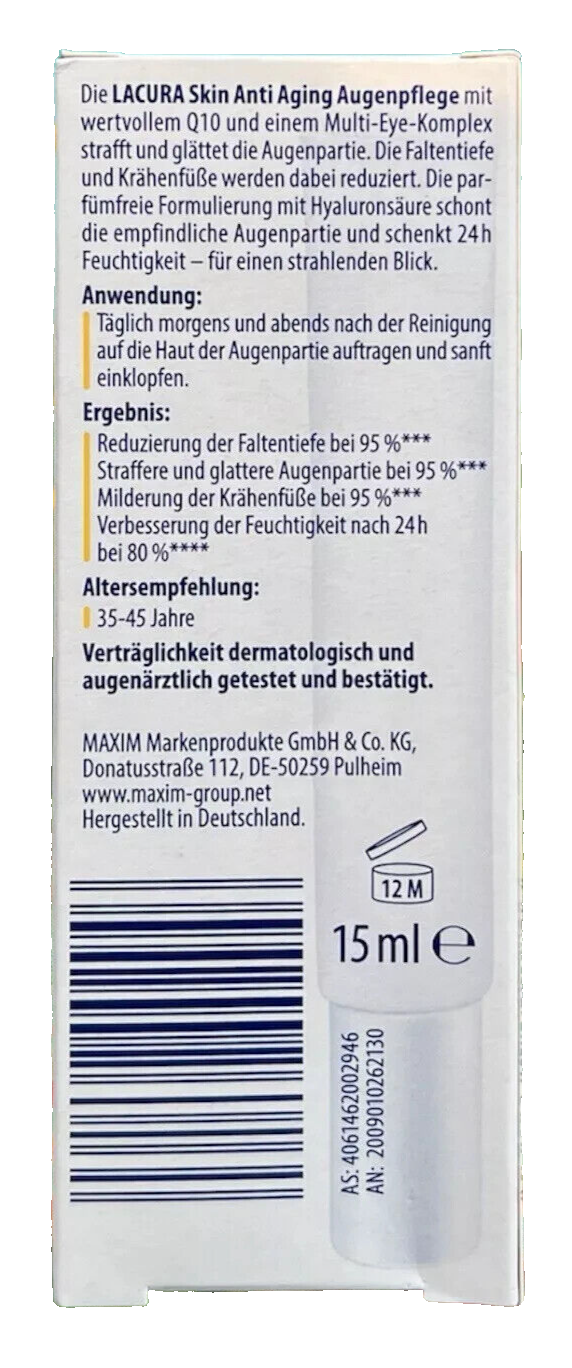 LACURA Skin Q10 pretnovecošanās acu krēms, 15 ml, piemērots visiem ādas tipiem, no 35 gadu vecuma, jauns un iepakojumā esošs