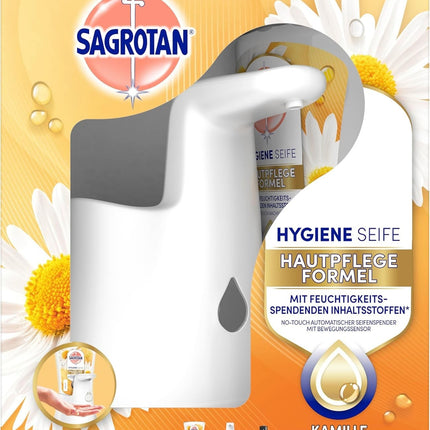 SAGROTAN bezkontakta dozators, baltas + kumelīšu aromāta šķidrās ziepes, 250 ml, jauns un noslēgts