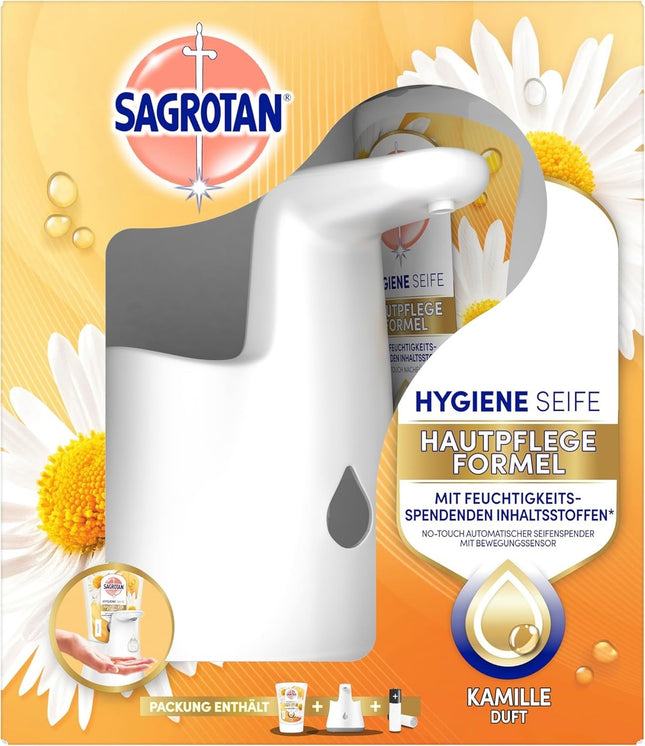 SAGROTAN bezkontakta dozators, baltas + kumelīšu aromāta šķidrās ziepes, 250 ml, jauns un noslēgts