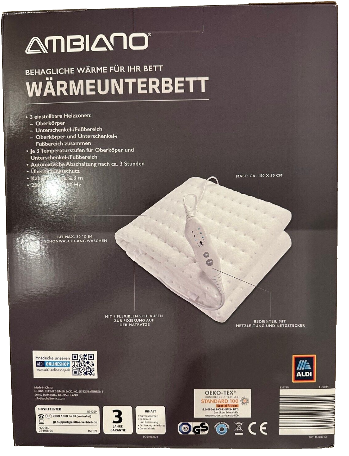 AMBIANO Wärmeunterbett, 150x80 cm, 3x Temperaturstufen, 3x Heizzonen, neu&ovp