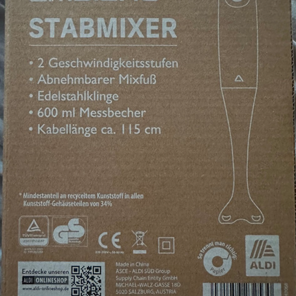 Ambiano Stabmixer, Rührstab mit Edelstahl Klinge und Messbecher, 300 Watt, neu
