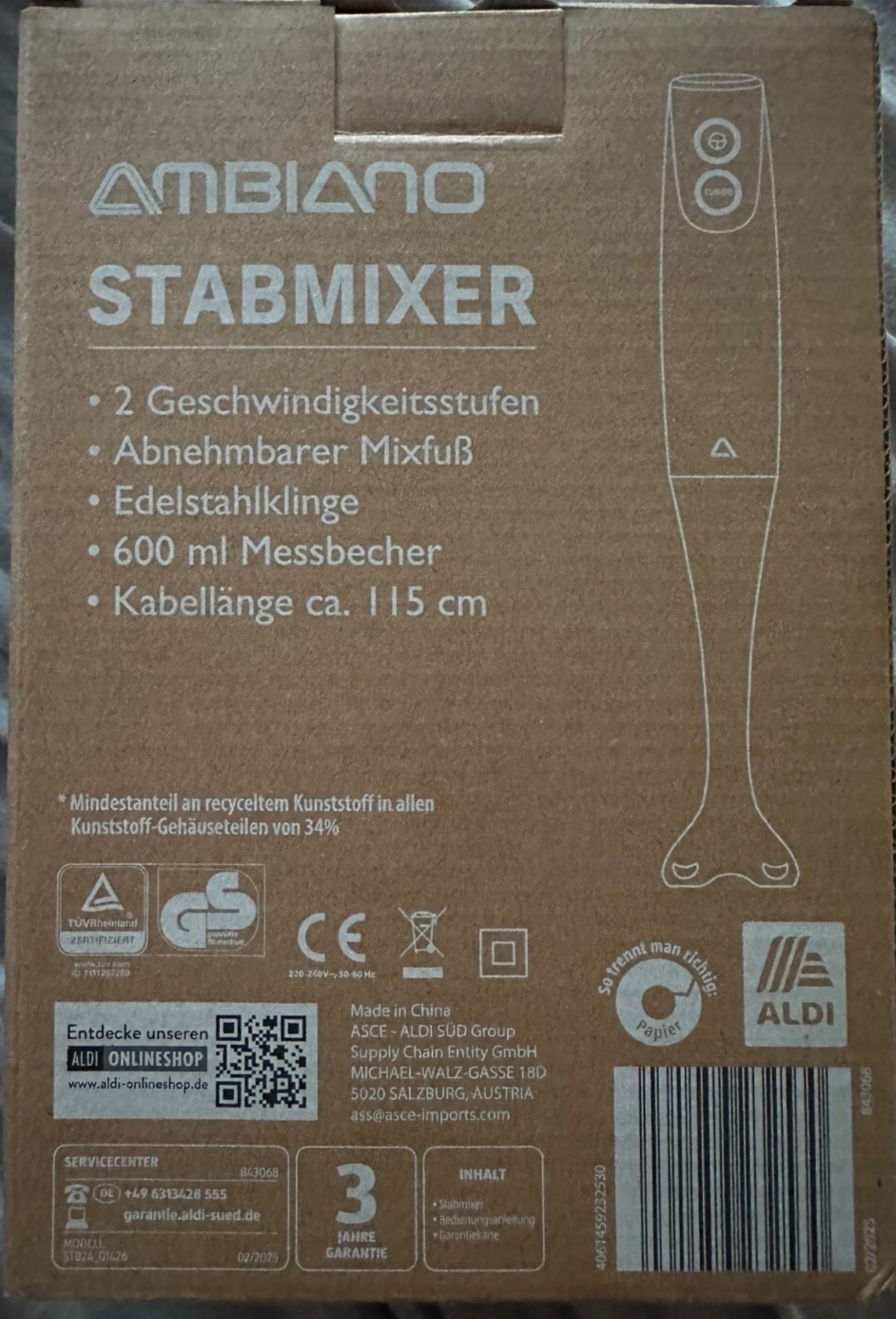 Ambiano Stabmixer, Rührstab mit Edelstahl Klinge und Messbecher, 300 Watt, neu