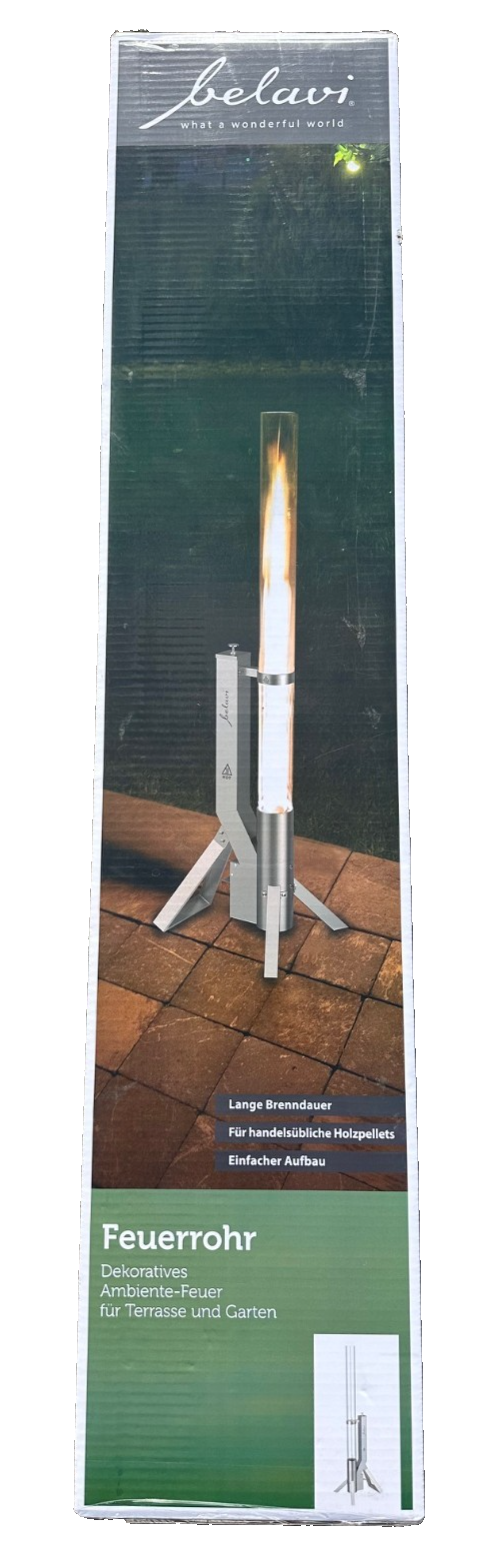 Belavi Ambiente Feuerrohr Feuersäule, Edelstahl, Sicherheitsglas, neu&ovp