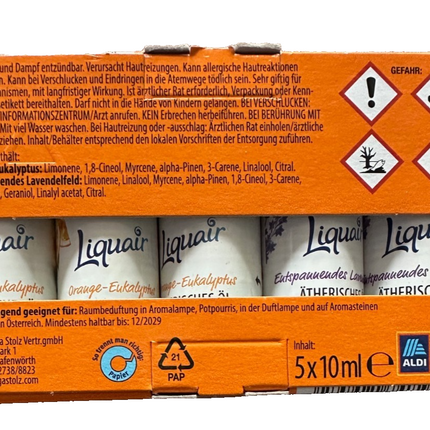 Liquair ēteriskās eļļas, apelsīnu-eikalipta-lavandas, 5 gab. komplekts, difuzoram/aromātiskajai lampai