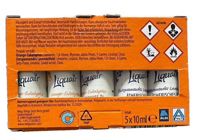 Liquair ēteriskās eļļas, apelsīnu-eikalipta-lavandas, 5 gab. komplekts, difuzoram/aromātiskajai lampai