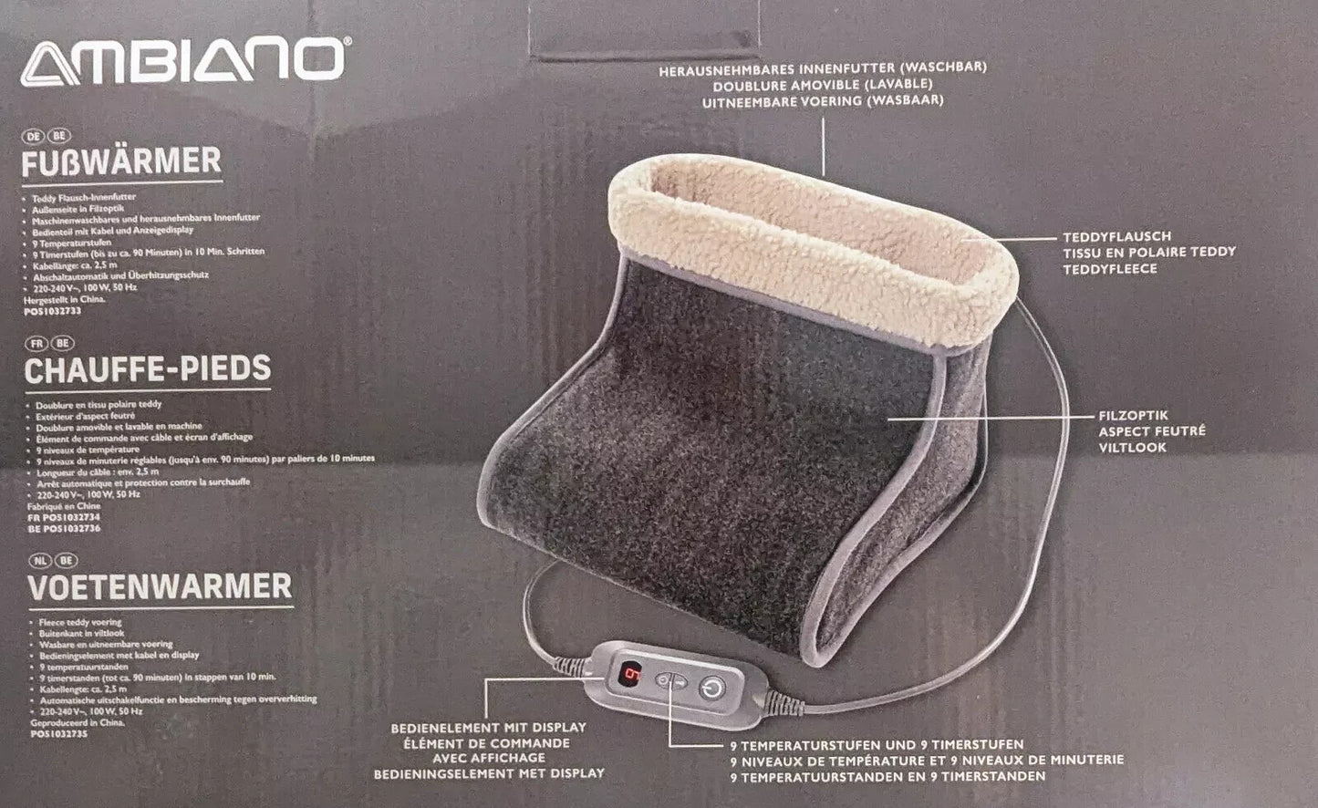 Ambiano elektr. Fußwärmer, 9 Stufen, Automatische Abschaltung, Teddyflausch, neu