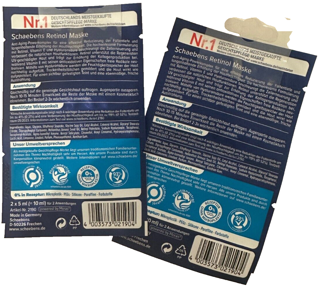 Schaebens retinola maska, ierobežota tirāža, 2 gabali, katra pa 4 x 5 ml, jauna