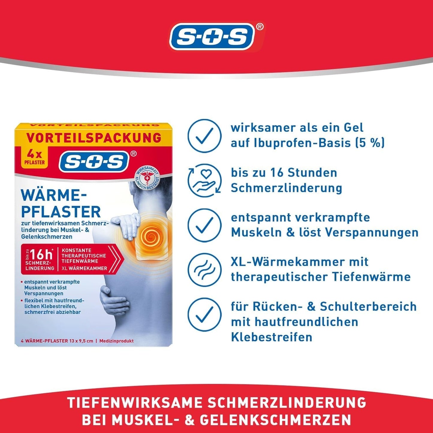 SOS siltuma plāksteri muskuļu un locītavu sāpēm, dziļa sildīšana, 1 iepakojums pa 4, jauni un oriģinālajā iepakojumā