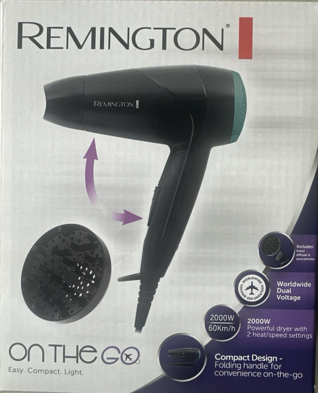 Remington ceļojumu matu fēns, 2000 W, salokāms matu fēns ar difuzoru, jauns un aizzīmogotā iepakojumā