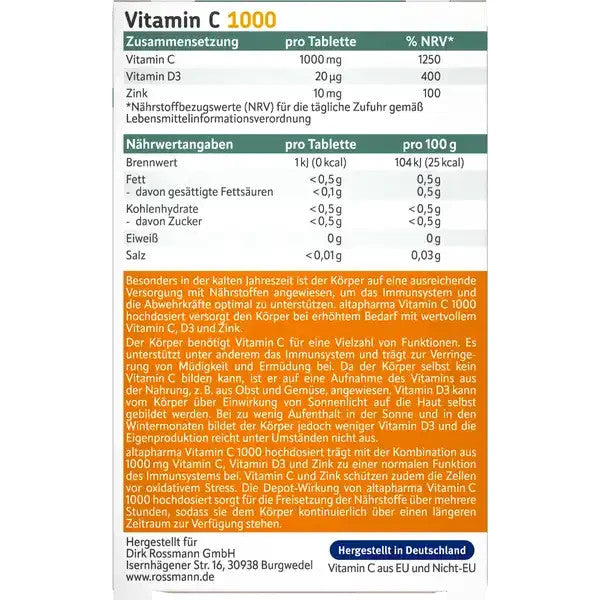 Altapharma Vitamin C 1000, Hochdosiert, mit Vitamin C, D3 und Zink, neu&ovp