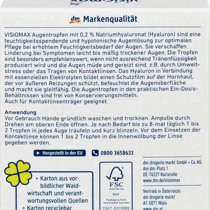 VISIOMAX acu pilieni ar 0,2% hialuronskābi, bez konservantiem, 1 x 15 pilieni, jauni