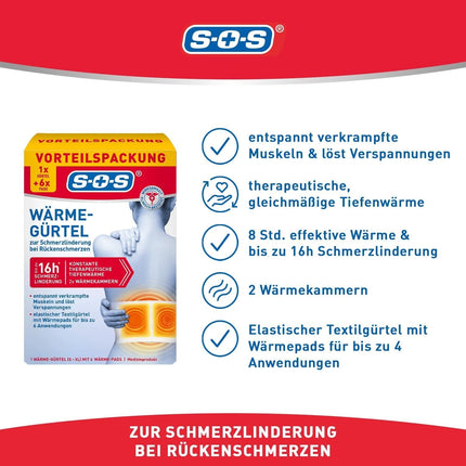 SOS Wärmegürtel, zur Schmerzlinderung bei Rückenschmerzen, 1x Gürtel + 6x Pads