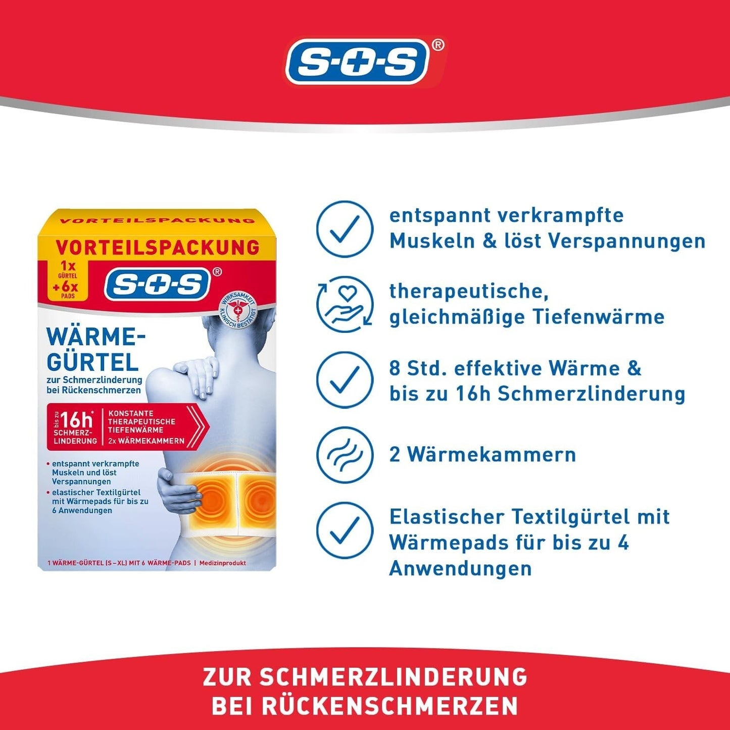SOS Wärmegürtel, zur Schmerzlinderung bei Rückenschmerzen, 1x Gürtel + 6x Pads