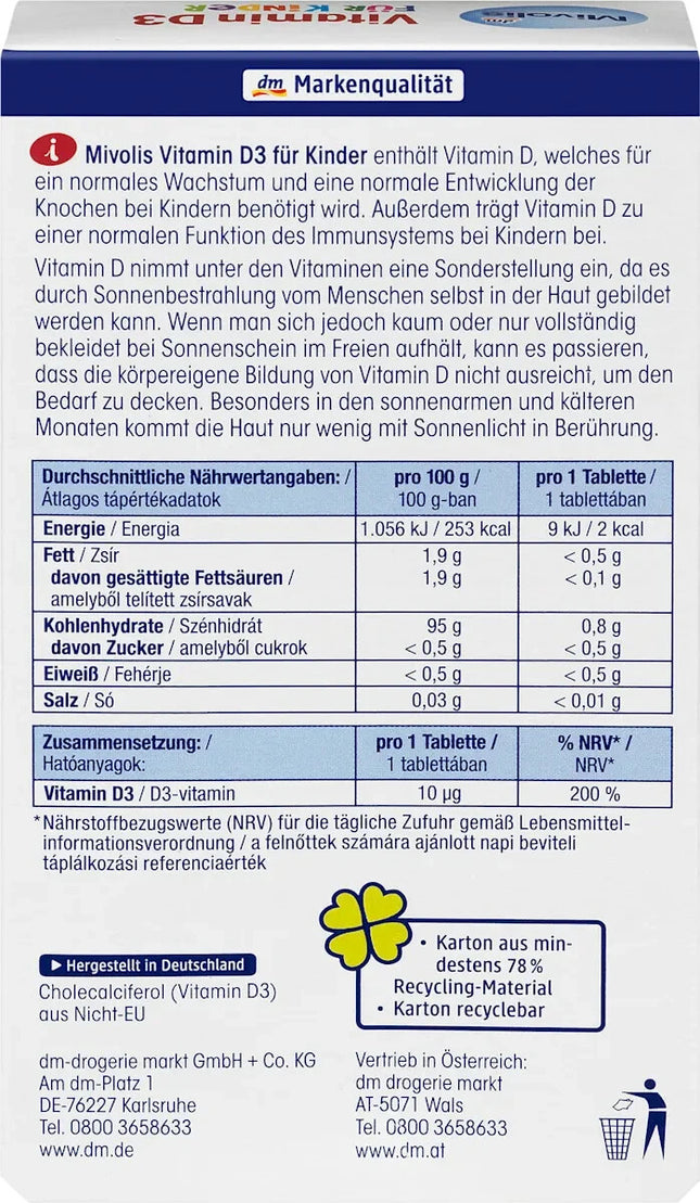 Mivolis D3 vitamīns bērniem, košļājamās tabletes, 60 tabletes, 51 g, jaunas un aizzīmogotas