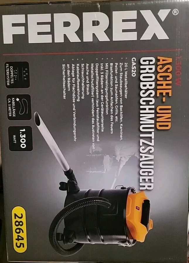 FERREX pelnu un rupjo netīrumu putekļsūcējs, 1300 W kamīns, plīts un putekļsūcējs, jauns