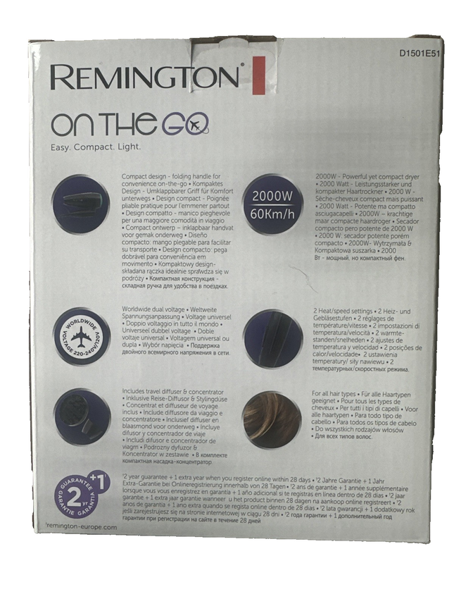 Remington ceļojumu matu fēns, 2000 W, salokāms matu fēns ar difuzoru, jauns un aizzīmogotā iepakojumā