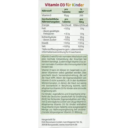 Altapharma D3 vitamīns bērniem košļājamās tabletes 1x60 tabletes, jaunas un aizzīmogotas