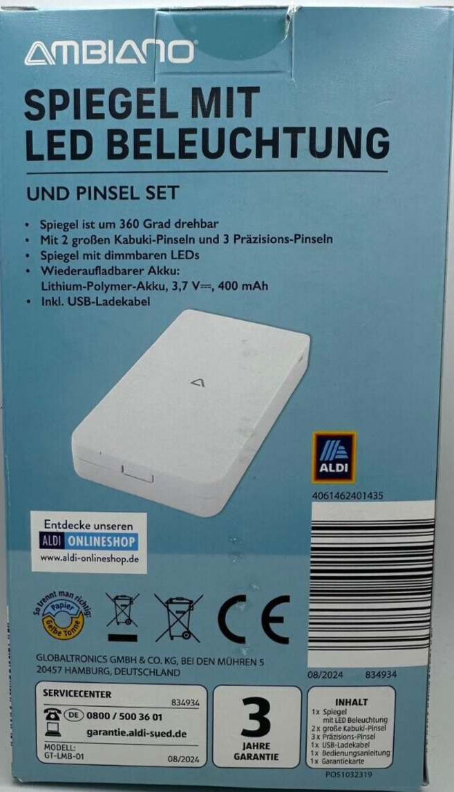 AMBIANO Faltbarer Kosmetikspiegel Pinsel Set mit LED Beleuchtung, aufladbar, Neu