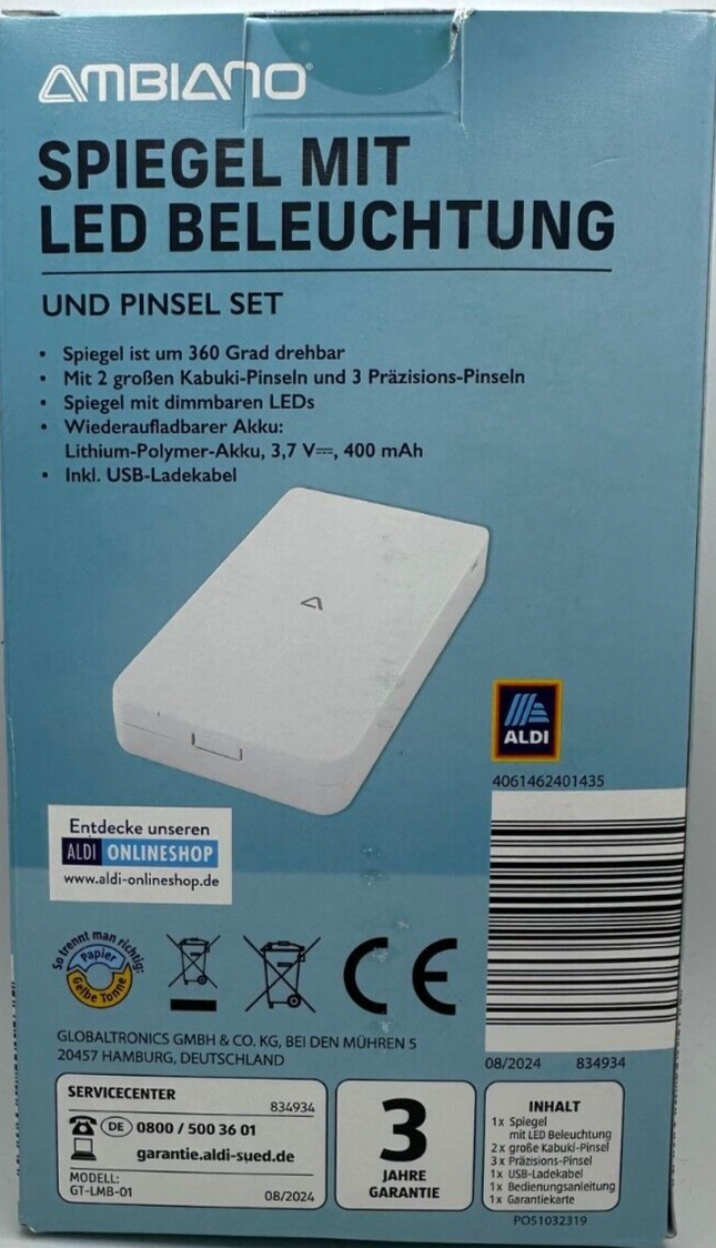 AMBIANO Faltbarer Kosmetikspiegel Pinsel Set mit LED Beleuchtung, aufladbar, Neu