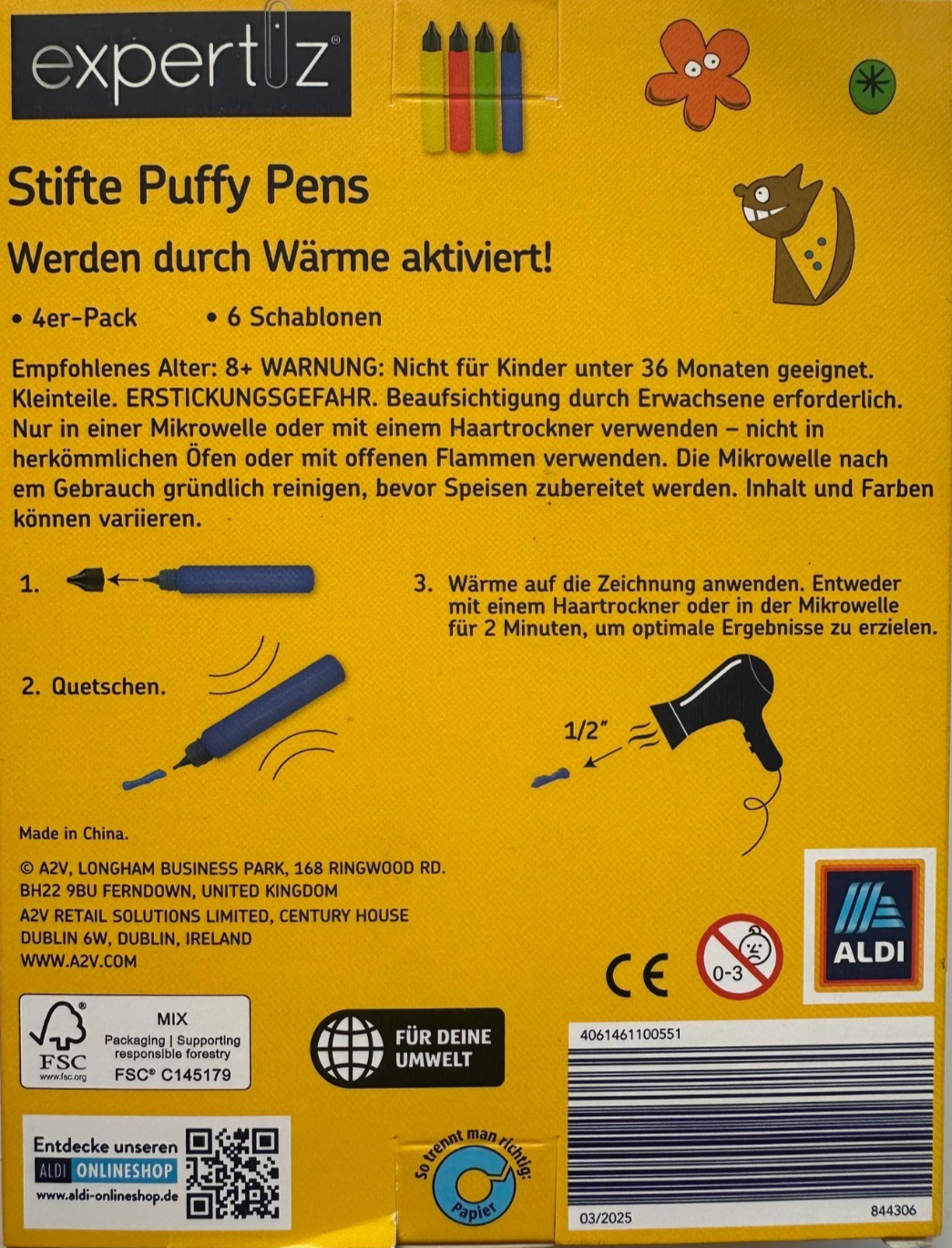 Expertiz Stifte Puffy Pens mit 6 Schablonen, Aktivierung durch Wärme, neu&ovp