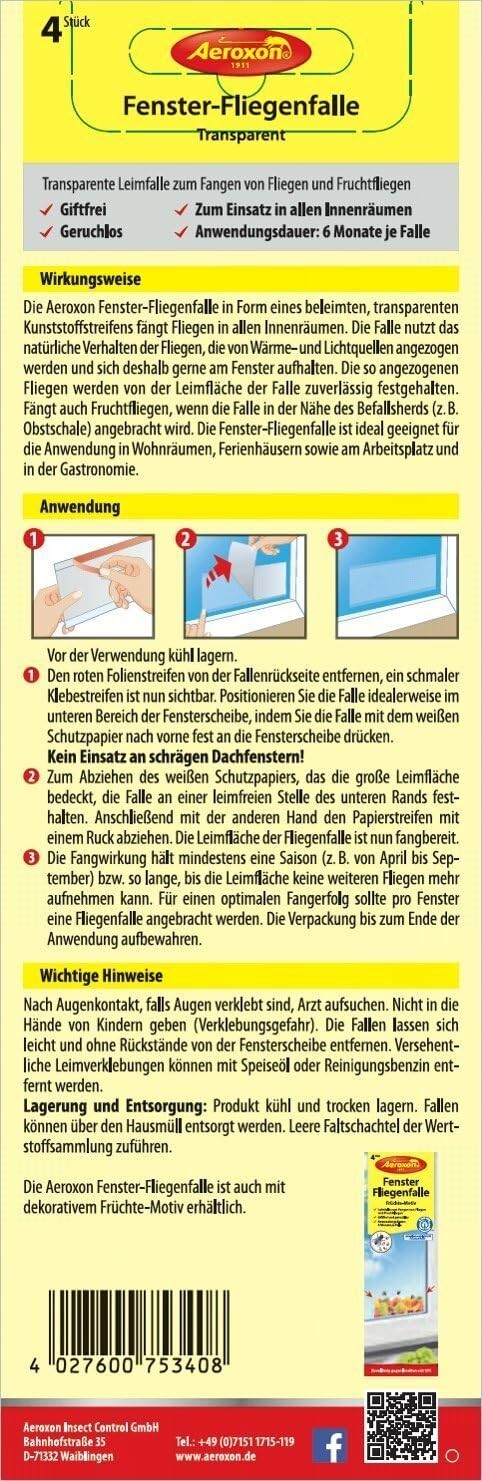 Aeroxon  Fenster Fliegenfalle, Transparent, Giftfrei und Geruchslos, 1x4 St, ovp