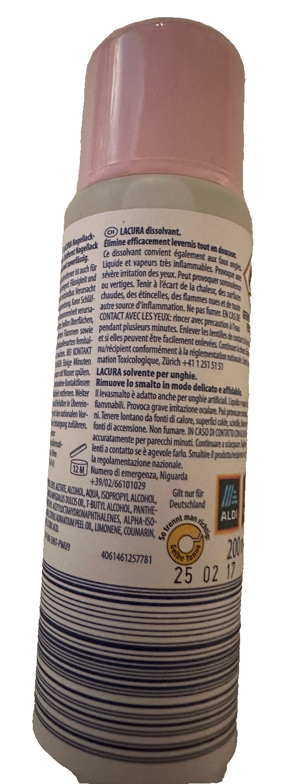 Lacura ķermeņa nagu lakas noņēmējs, ar mandeļu eļļu, bez acetona, 200 ml, jauns un noslēgts