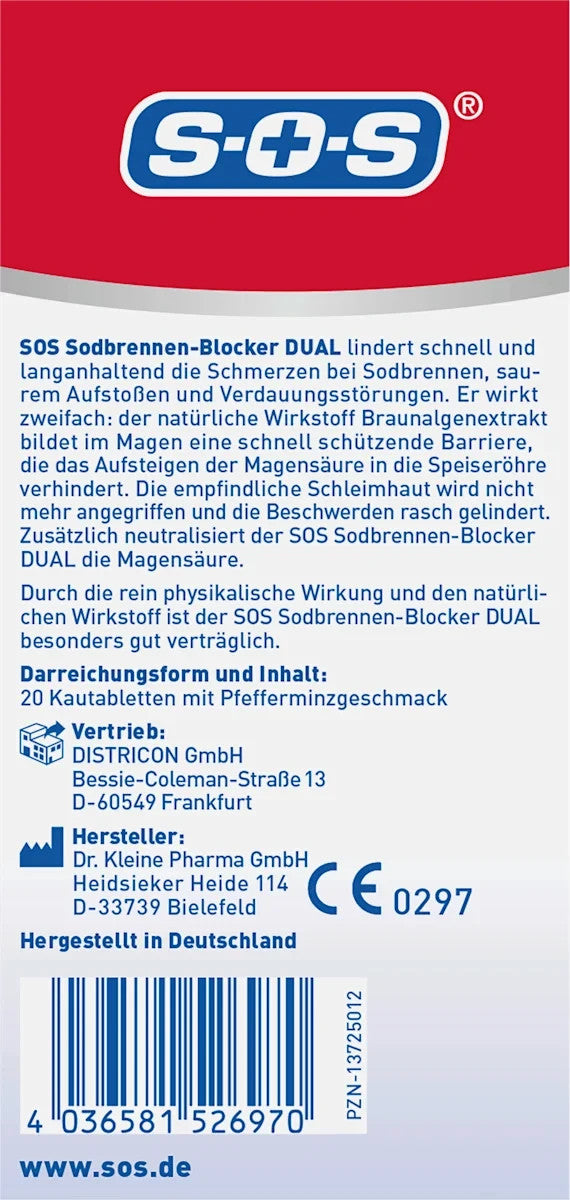 SOS grēmas bloķētājs DUAL košļājamās tabletes, 1 x 20 tabletes, jaunas un aizzīmogotas