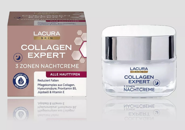 LACURA Skin Collagen Expert, 3 zonu nakts krēms, visiem ādas tipiem, 50ml, jauns un iesaiņots
