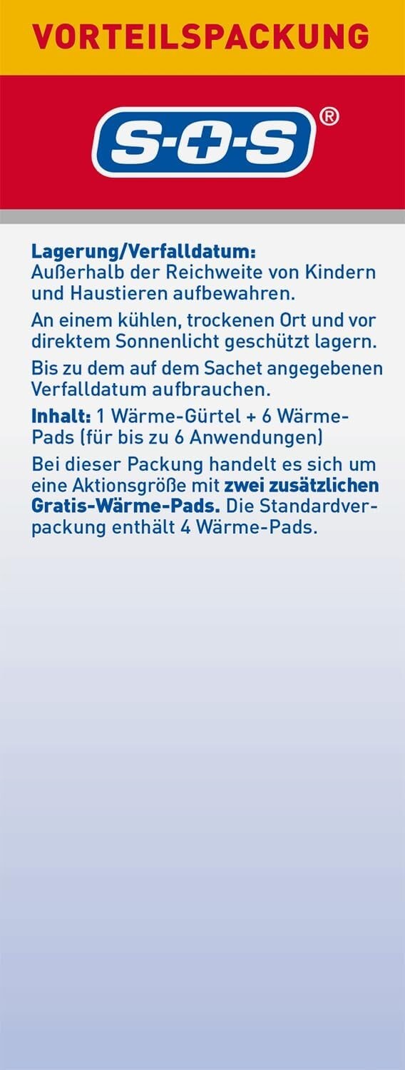 SOS Wärmegürtel, zur Schmerzlinderung bei Rückenschmerzen, 1x Gürtel + 6x Pads