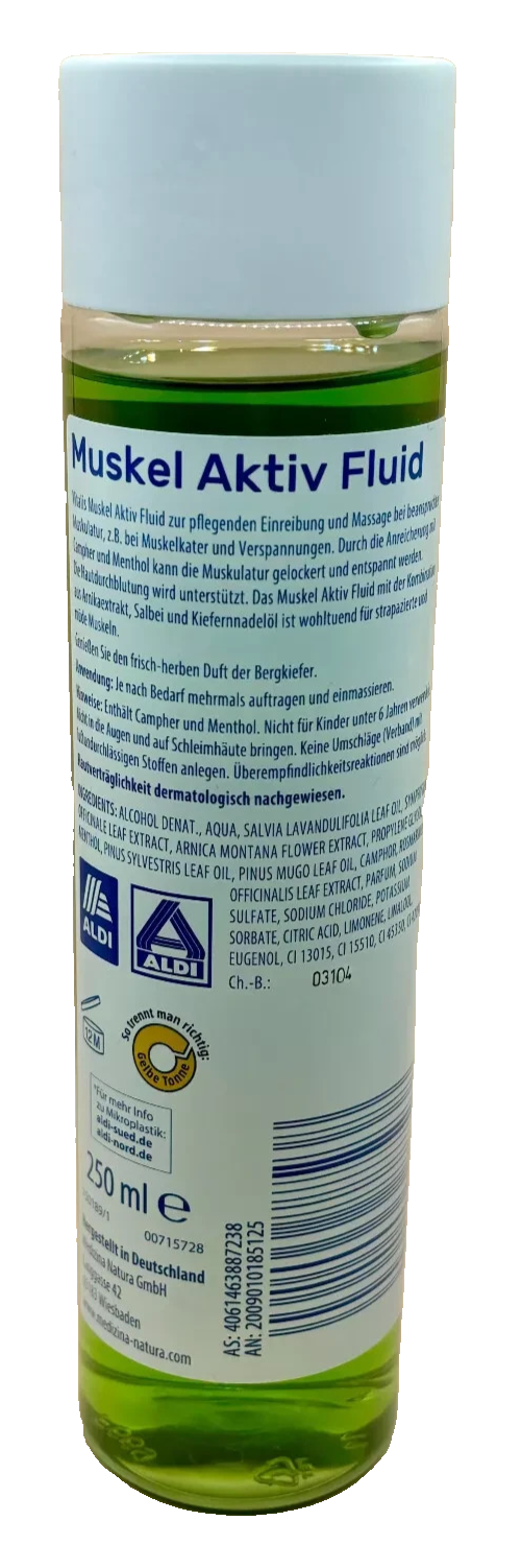 Vitalis Muscle Active Fluid ar kalnu priežu eļļu, kamparu un mentolu, 250 ml, jauns un iesaiņots iepakojumā