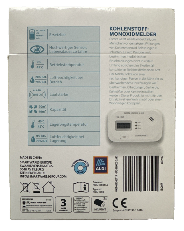 Workzone Kohlenmonoxid-Melder mit Display, hochwertigem Sensor, Testknopf, neu&ovp