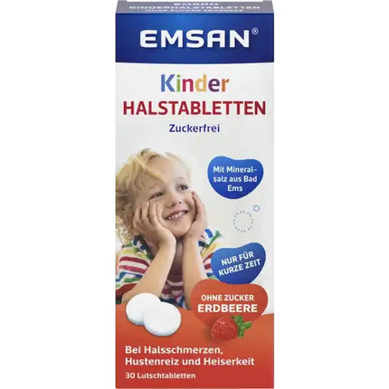 Emsan bērnu kakla pastilas, bez cukura, zemeņu, 1 x 30 tabletes, jaunas un aizzīmogotas