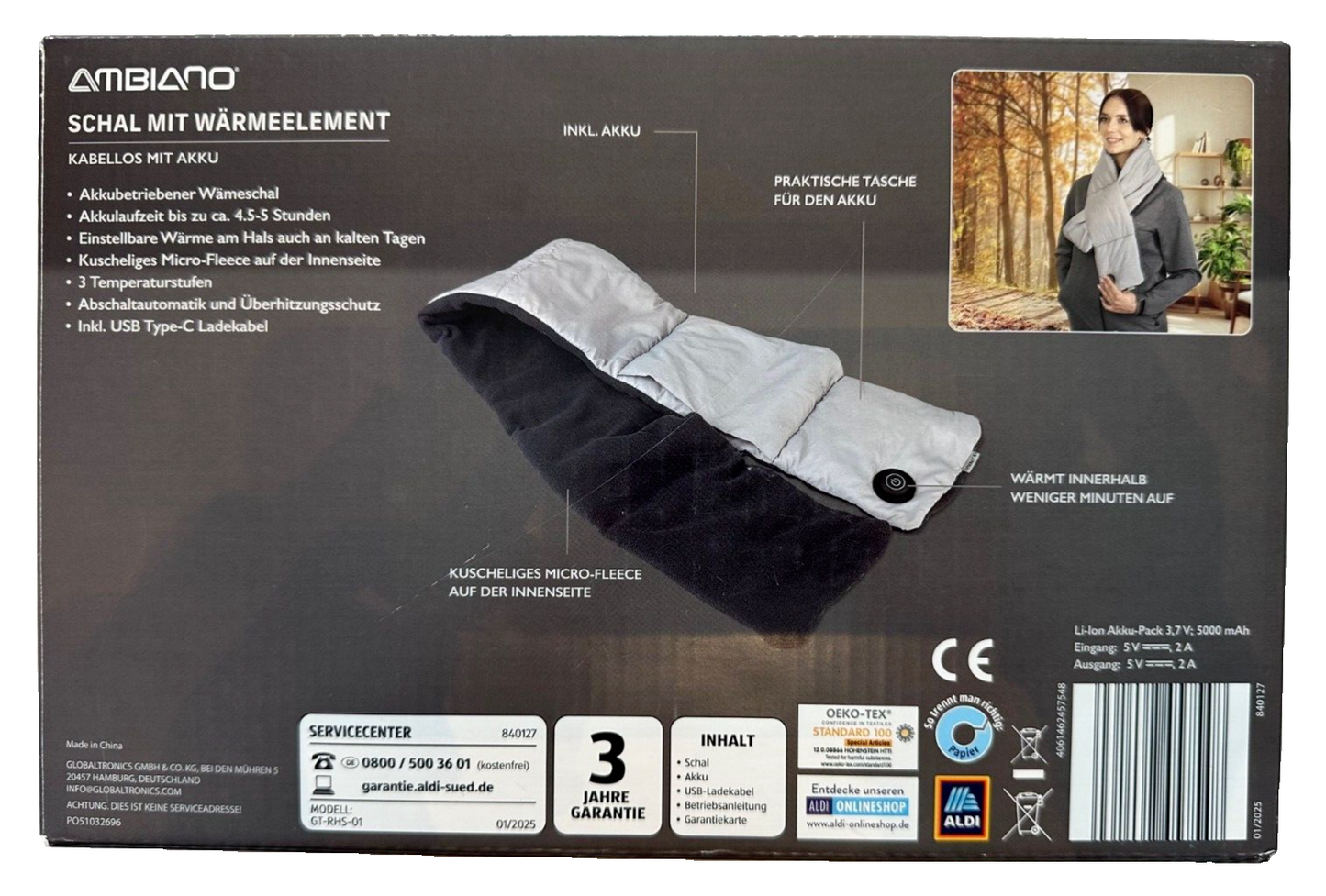 AMBIANO Akku-Wärmeschal Heat To Go, mobile Wärme Kabellos, aufladbar, neu&ovp