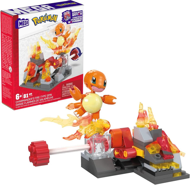 MEGA Pokémon Charmander's Fiery Spin, būvēšanas komplekts ar kustības akmeni, jauns un aizzīmogots