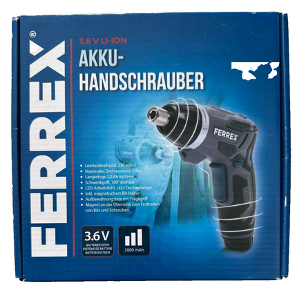 Ferrex akumulatora rokas skrūvgriezis, komplektā ar akumulatoru, uzgaļiem, kasti, 3,6 V litija jonu, 2 Ah, jauns un jaudīgs
