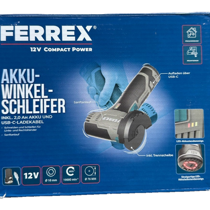 FERREX 12 V akumulatora leņķa slīpmašīna, komplektā ar 2,0 Ah akumulatoru, USB-C uzlādes kabeli, new&amp;ovp