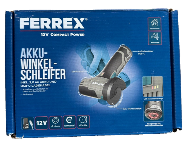 FERREX 12 V akumulatora leņķa slīpmašīna, komplektā ar 2,0 Ah akumulatoru, USB-C uzlādes kabeli, new&amp;ovp
