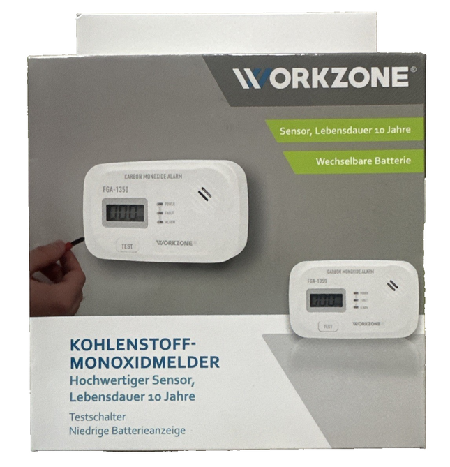 Workzone Kohlenmonoxid-Melder mit Display, hochwertigem Sensor, Testknopf, neu&ovp