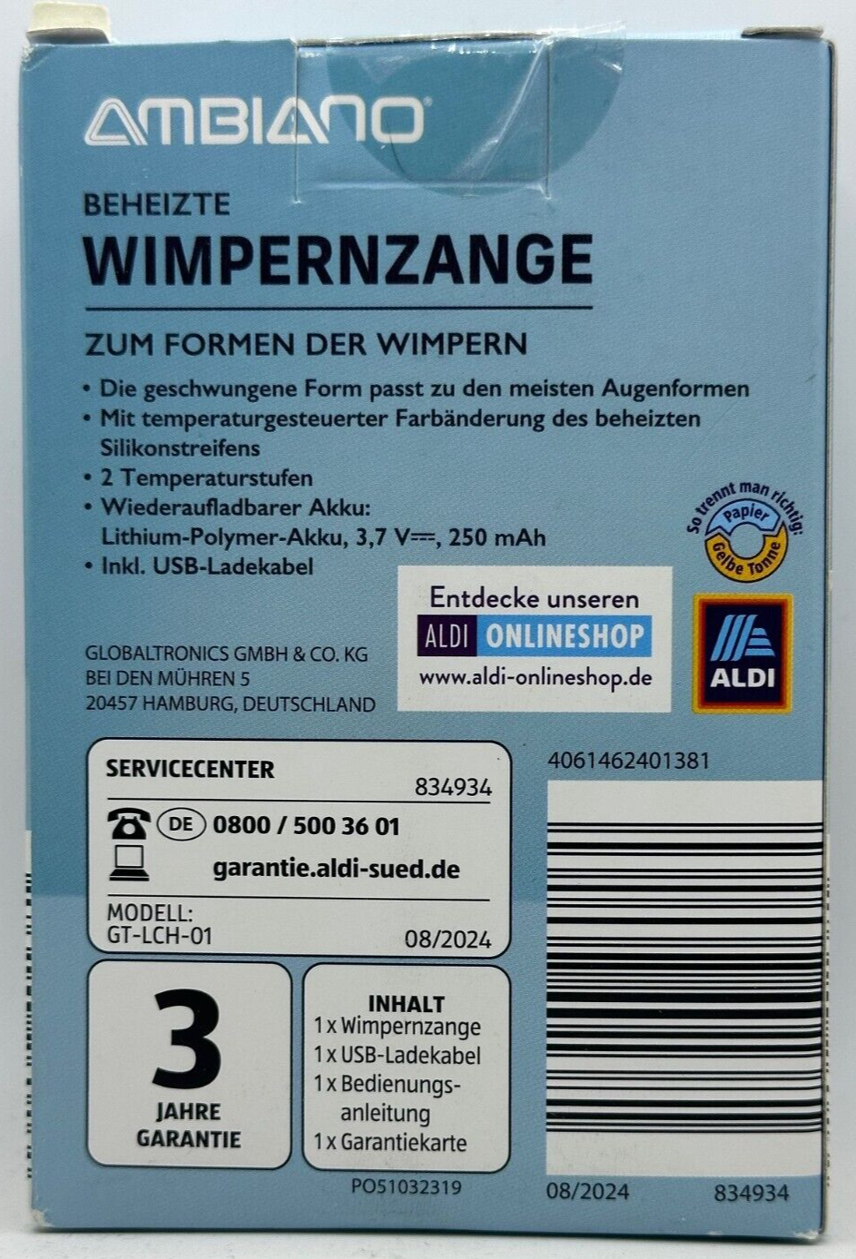 AMBIANO® Beheizte Wimpernzange zum Formen der Wimpern, weiß, aufladbar, Neu&OVP
