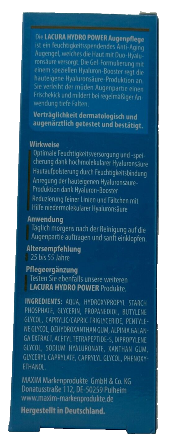 LACURA Skin Hydro Power, hialuronskābes pastiprinātājs ar divu komponentu hialuronskābi, acu kopšanai, 20 ml, jauns