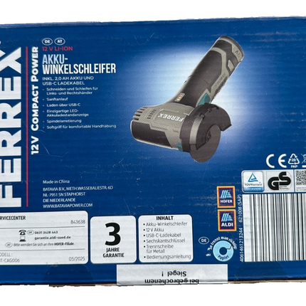 FERREX 12 V akumulatora leņķa slīpmašīna, komplektā ar 2,0 Ah akumulatoru, USB-C uzlādes kabeli, new&amp;ovp